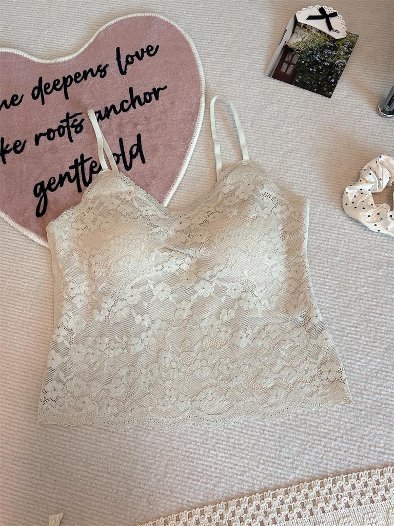 #Summer new pure desire wind V-neck lace dispensing splicing ice silk vest female slim one-piece with chest pad