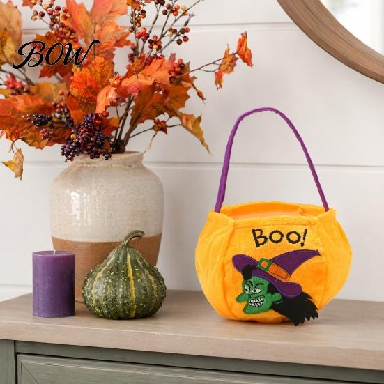 Halloween Gift Bag for Kids Trick or Treat Bucket, 9.8x5.9 Inch Pumpkin Witch Black Cat Plush Large Capacity Candy Holder Tote Bag, Soft Basket