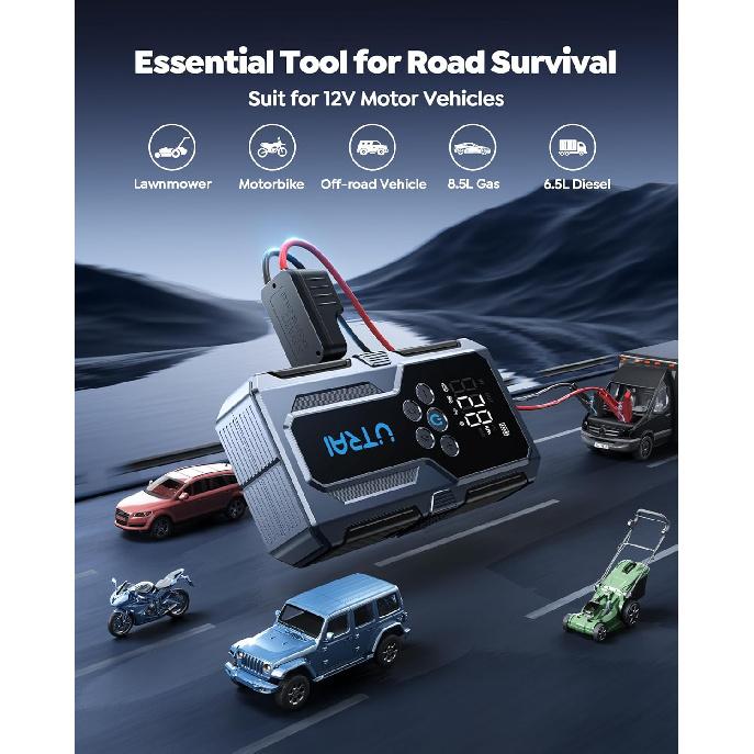 Автомобильный пуско-зарядное устройство с компрессором, UTRAI 4000A 150PSI Автомобильный пуско-зарядное устройство 12V Автомобильный стартер-помощник Портативный автомобильный стартер со светодиодными фонарями Пусковые провода,