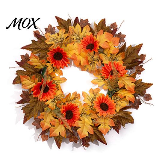 Thanksgiving Front Door Wreath Fall Sunflower Maple Leaf with Pumpkin Pinecone, Harvest Artificial Decorative Hanger Wreath, Indoor Outdoor
