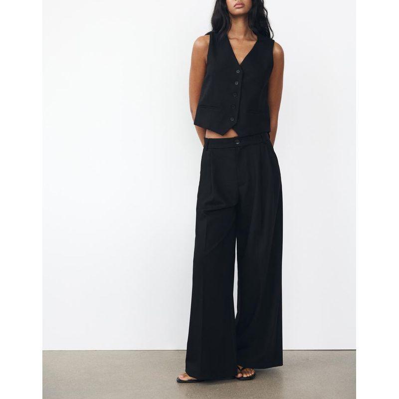 Spring New Women's Strap Decoration Sleeveless Vest Waistcoat 2010775 Double Pleated High Waist Loose Pants 1255506