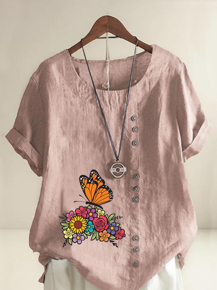 Women's Fashion Butterfly Flowers Print Casual Cotton Linen Short Sleeve Round Neck T-shirt Shirt Leisure Loose Summer Blouse Tops