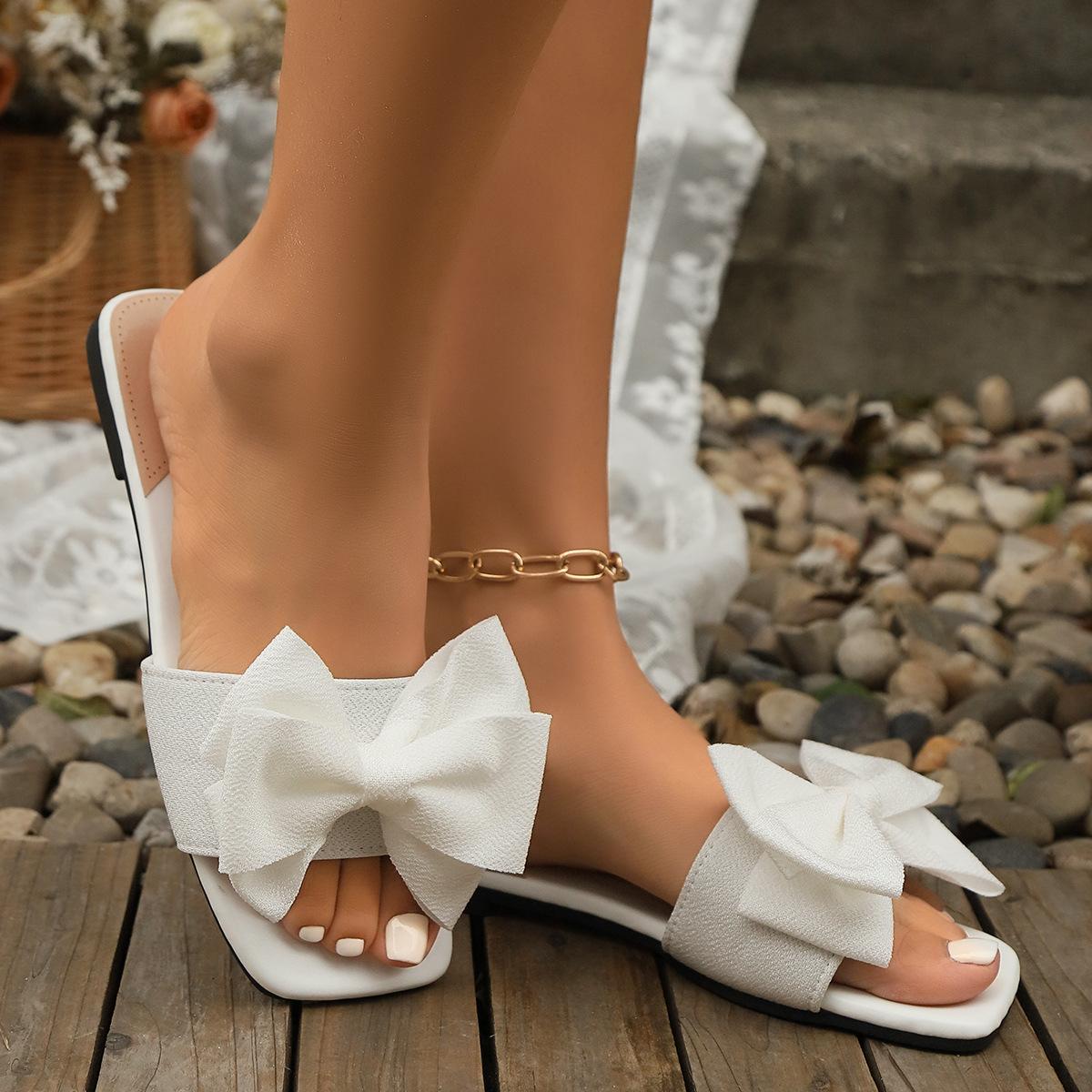 

Модные тапочки большого размера с бантом, женские повседневные тапочки с открытым носком и плоской подошвой, новые летние женские тапочки 43 белый