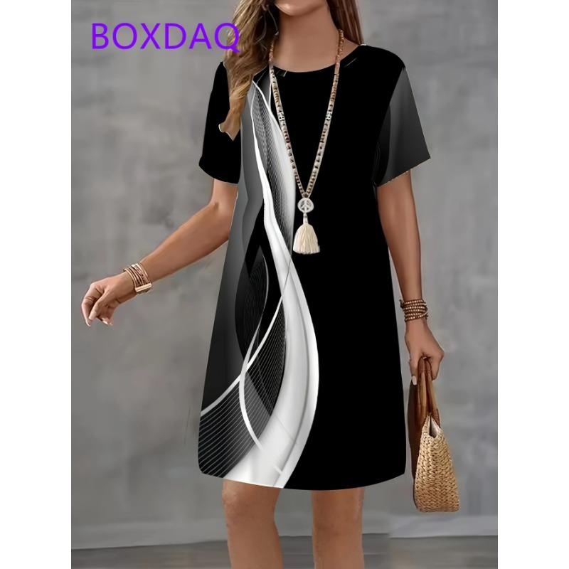 Vintage Black White Checkered Pattern Print Womens Dress New Summer Casual A-Line Dress Women Short Sleeve Loose Mini Dress