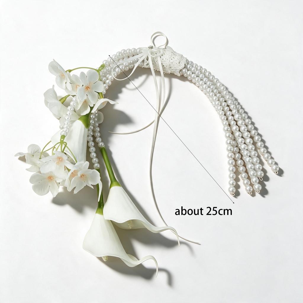 White Artificial Calla Lily Bride Hand Bouquet Pearl Tassel Wedding Holding Flower Bridal Photo Shooting Decor