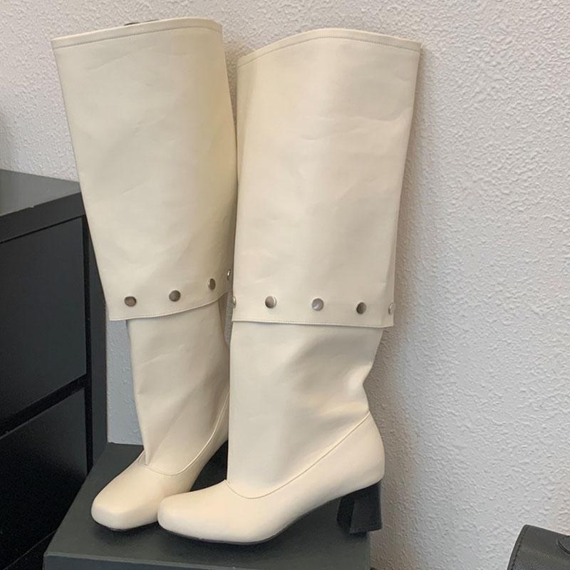 Fashion Female Square Heels Modern Ladies Knee High Boots Shoes Fashion Rivet Women Western Long Boots Pumps Shoes New Autumn Winter