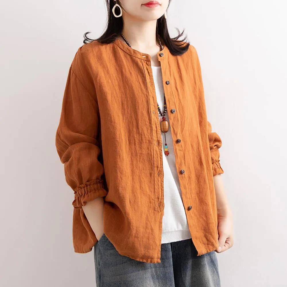 Cotton Linen Shirt Literary and Retro Style Women's Loose Round Neck Shirt Casual Thin Coat Close-up Sleeve Top Spring and Autumn