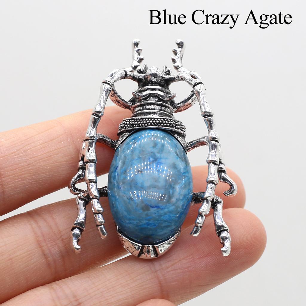 1Pc, Natural Stone Shell Beetle Pendant Brooch, Aura Healing Crystal Quartz Jade Gems Charms Brooch Pin for Jewelry Making DIY Halloween Crafts Gifts