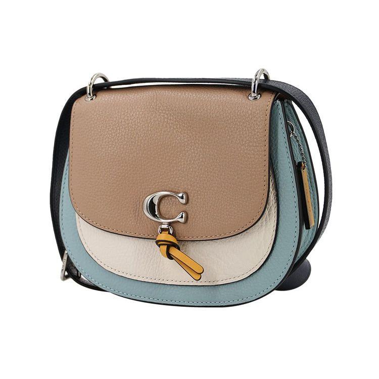 Coach Remi 17 Color Block Leather Saddle Bag Women Shoulder Bag Khaki White Sky-Blue 1330-SVUM