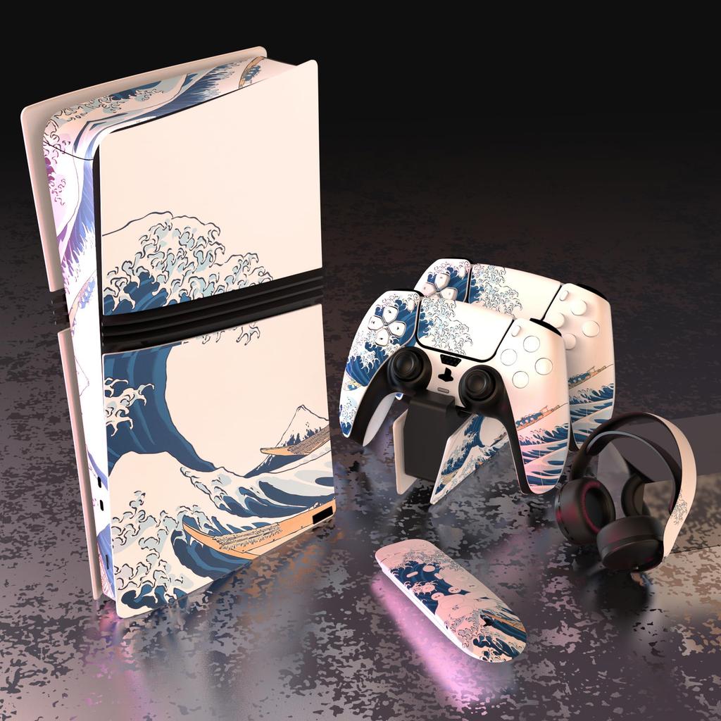 PlayVital ps5 Pro Gehäuse Komplettset Custom-Aufkleber für Digital- und Disc-Lademedien Fernbedienung Abziehbild-Aufkleberabdeckung Die große Welle vor kompatibel,