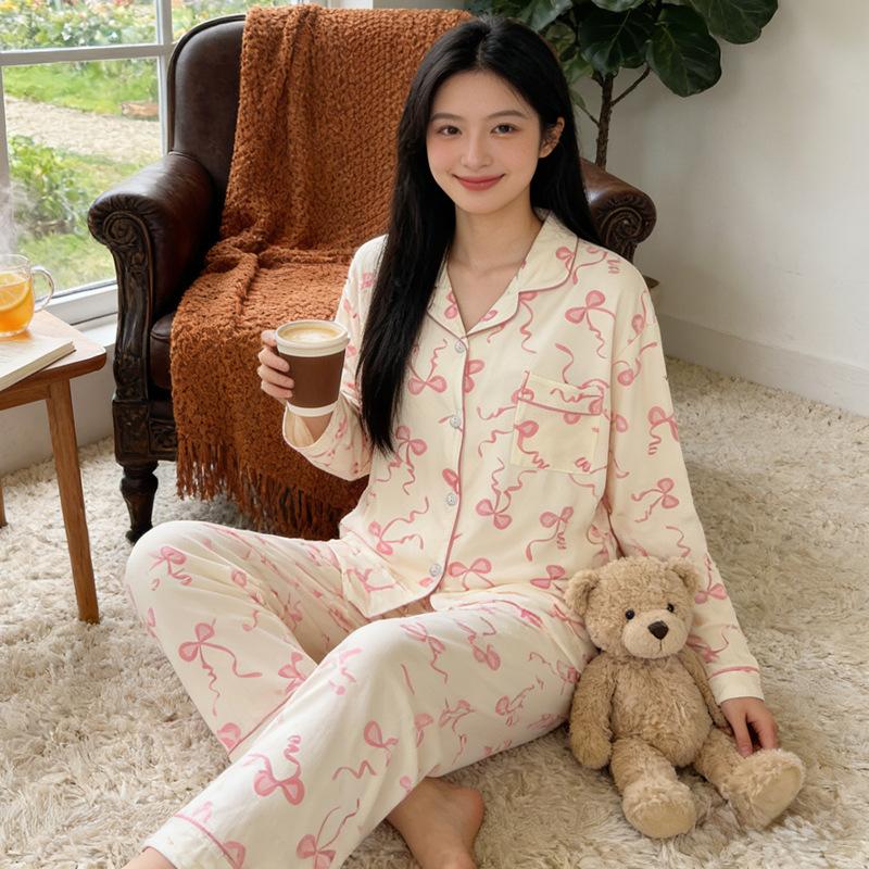High-value imitation cotton long-sleeved pajamas women's spring and autumn new casual loose striped cardigan loungewear set