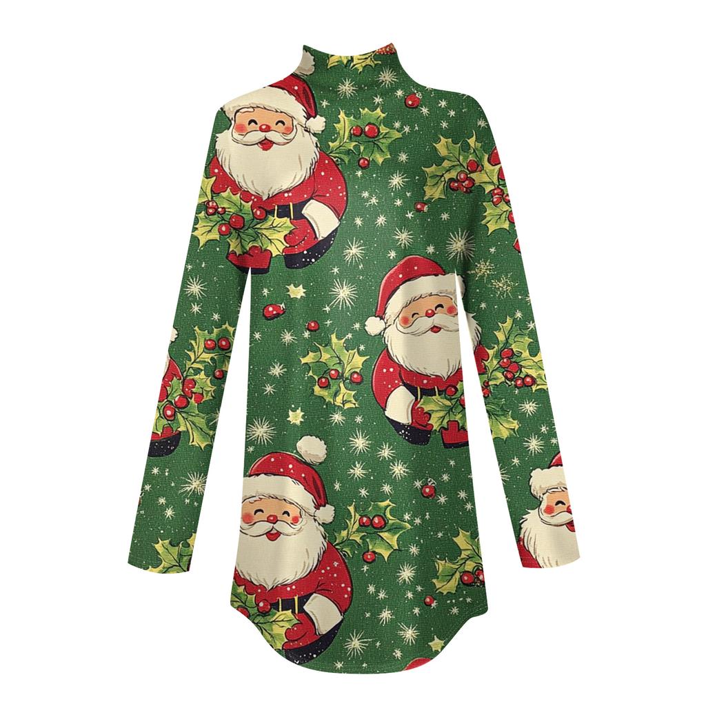 Women's Fashionable Loose-Fit High-Neck T-Shirt With Christmas Print Long-Sleeved Top