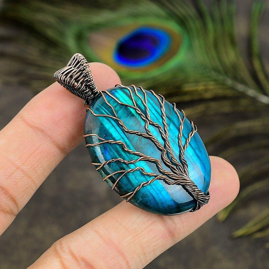 Natural Blue Labradorite Gemstone Copper Wire Wrap Gift Pendant 2.29" C1U86