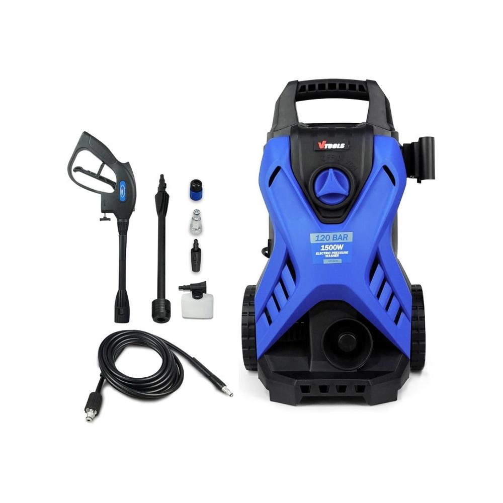 

120 Bar Electric Pressure Washer With 2 Wheels 5 Meter Hose Soap Dispenser 1500 Watt Auto Stop and Self Priming Mode For Car Home & Garden Blue VT150
