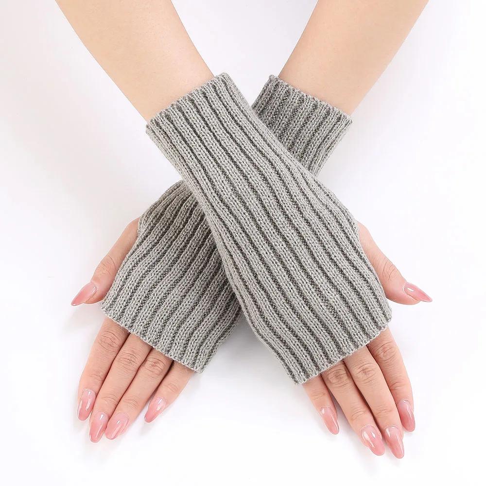 Women Half Finger Gloves Winter Knitted Arm Sleeves Fingerless Mittens Solid Color Soft Gloves Students Touch Screen Gloves