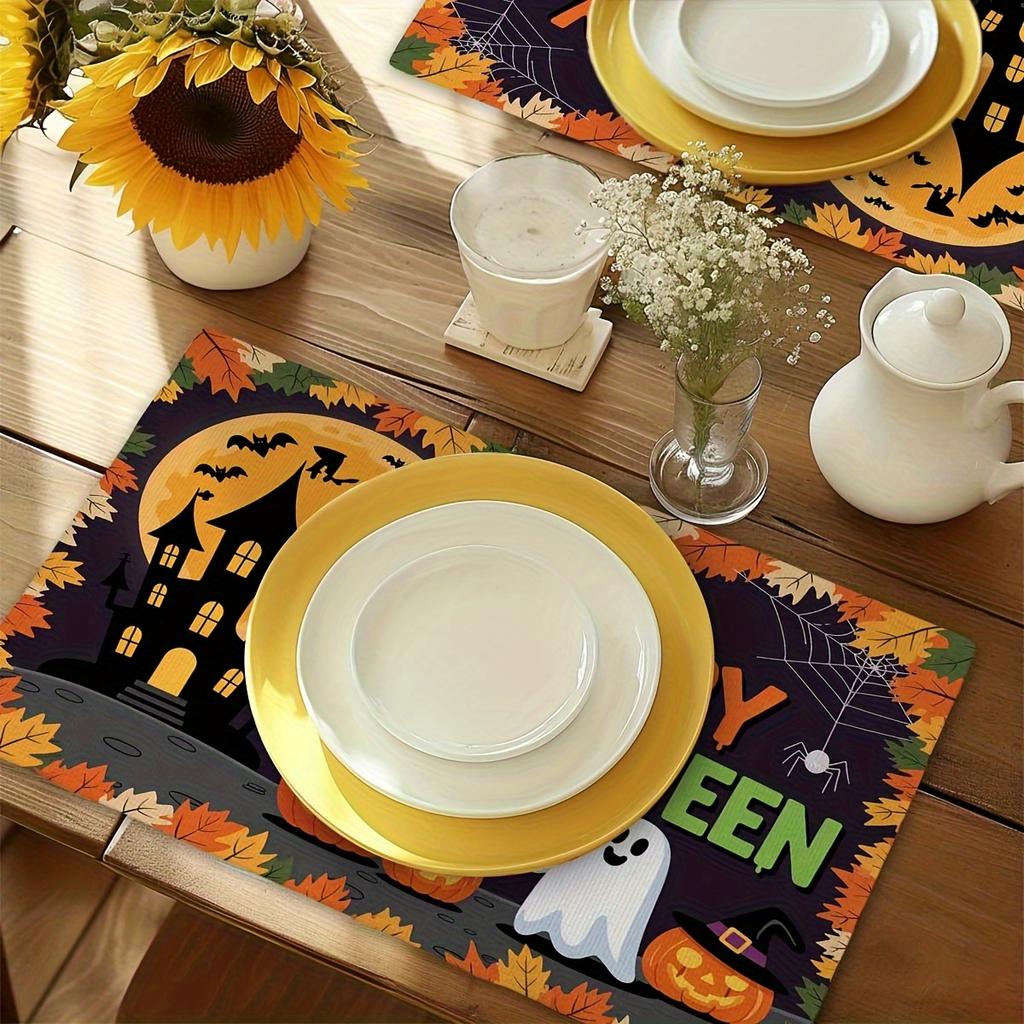 4pcs Linen Placemats, Halloween Theme Decorative Placemats, Suitable for Kitchen Dining Table Decoration, Home Dinner Party Gathering Table Decor,