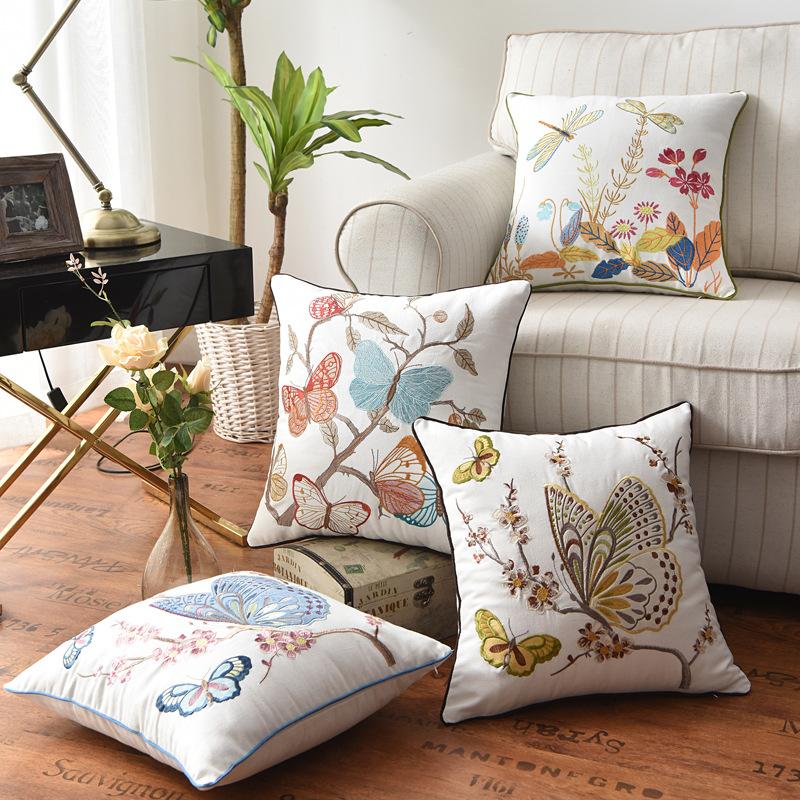 Butterfly Cushion Cover 45x45cm Floral Country Style Pillow Cover Cotton Embroidery Suqare Home Decoration for Living Room