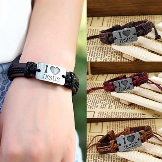 Vintage Unisex Faux Leather Bracelet Alloy I Love Jesus Letters Decor Rope Bangle