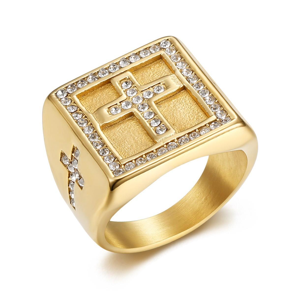 

Hip Hop Jewelry Stainless Steel Gold Plated Diamond Inlaid Cross Square Men s Ring 13No.