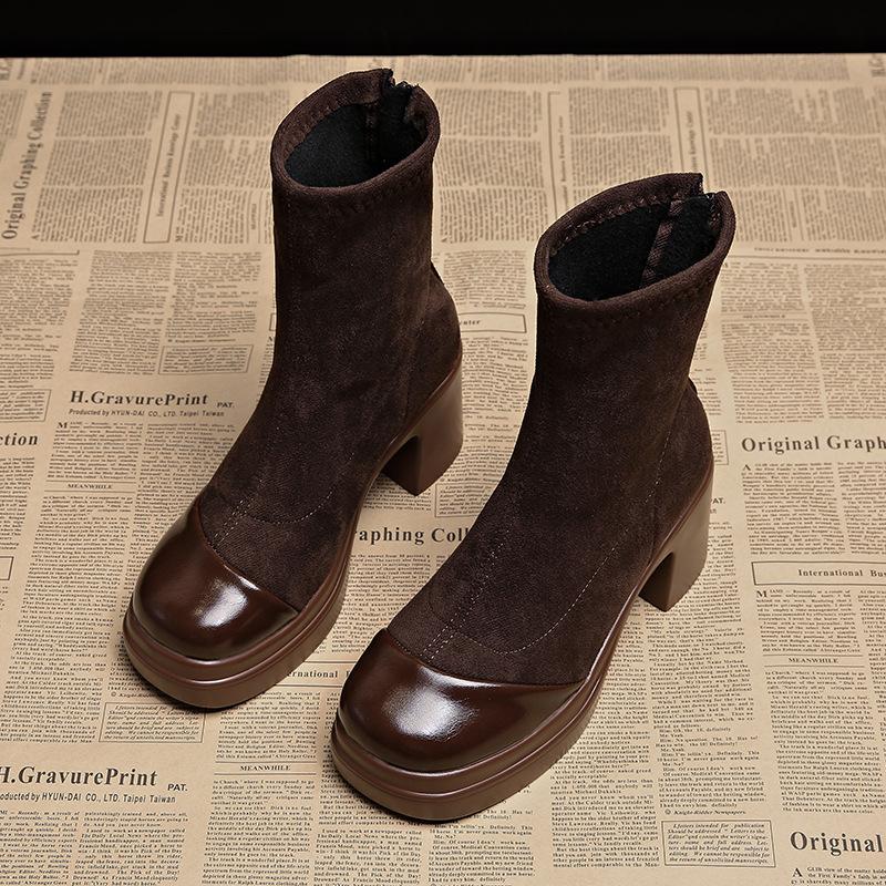 European spring and autumn high-heeled short boots women's 2025 new small man looks tall, autumn and winter thin with skirt thick-soled Martin boots