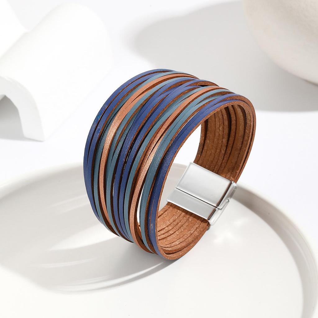 Gradient Multi-Strand Men's and Women's Bracelet with PU Leather Cord and Magnetic Clasp.