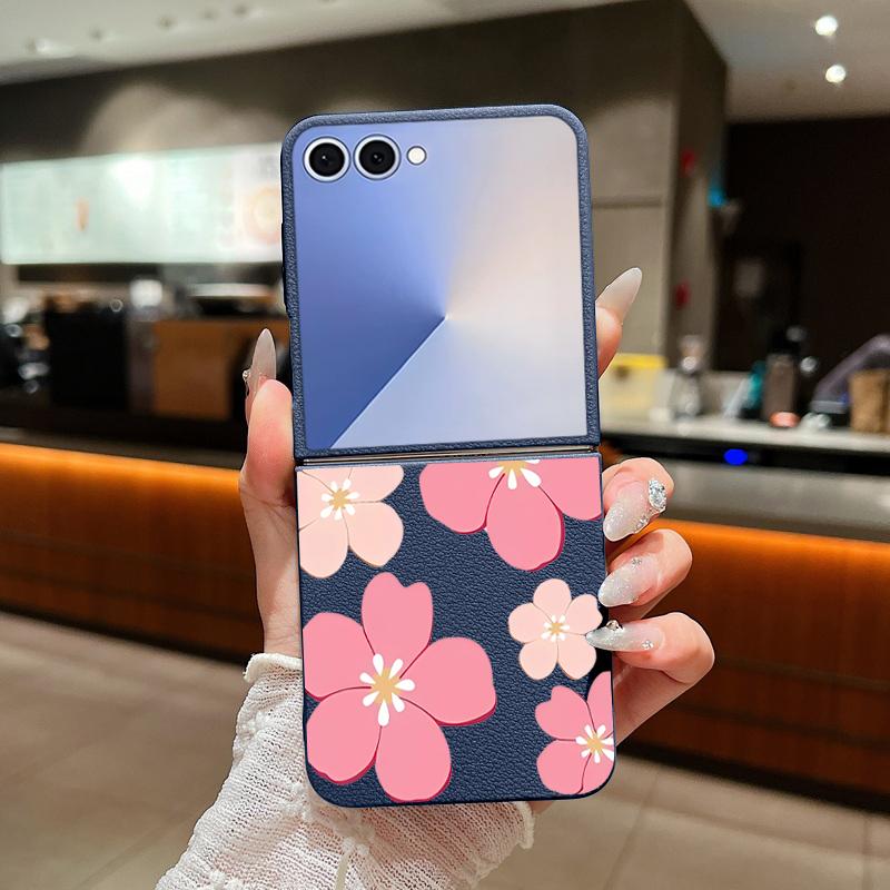 Fresh Style Cherry Blossom Pattern Case For Samsung Z Flip 7 6 5 4 Leather Texture Folding Fhone Cover For Galaxy Z Flip7 Flip6 Flip5