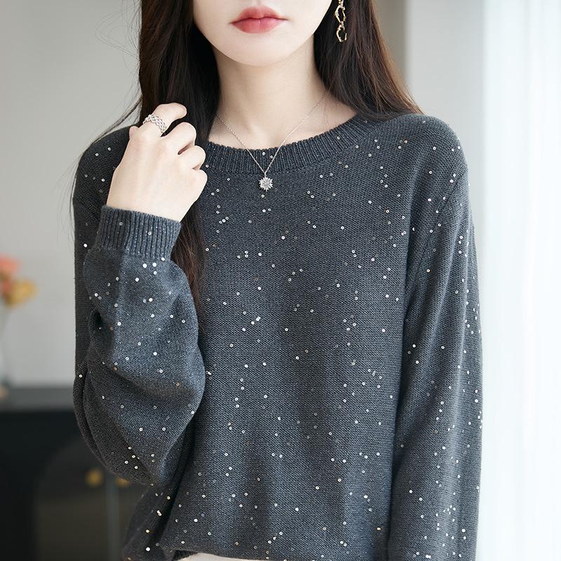 Women's 2025 Fine Knit Wool Sweater with Sequins - Long Sleeve, Loose Slimming Fit