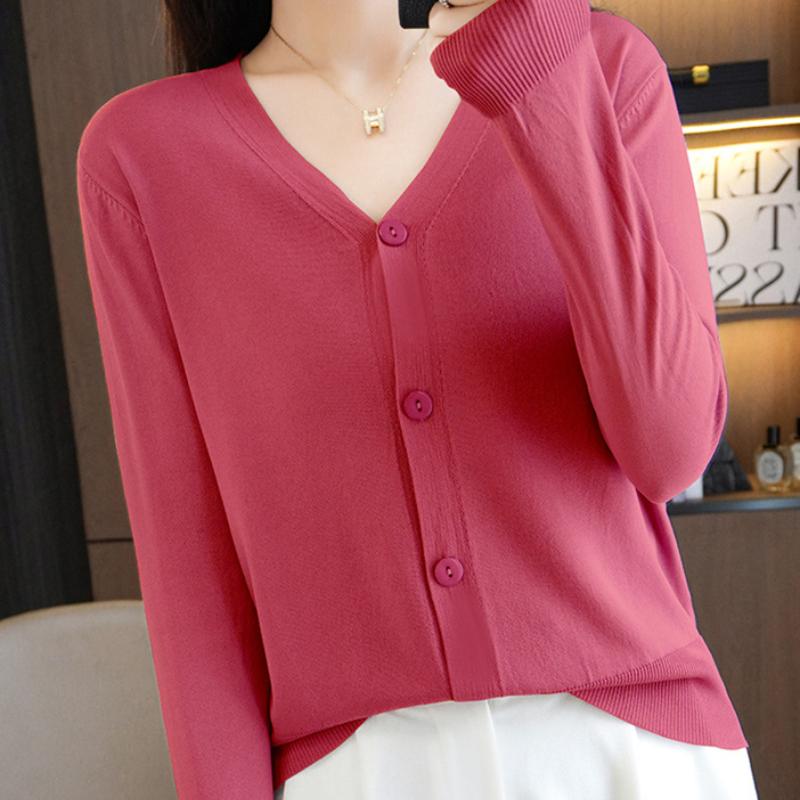 IHUASU Summer Thin Long-sleeved Ice Silk Knitted Women Cardigan Jacket Sun Shirt Air Conditioning Shirt with Skirt V-neck Outwear Tops