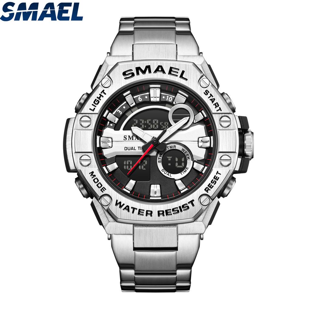 SMAEL 8090 alloy steel strip dual display electronic watch men's waterproof alarm clock multifunctional