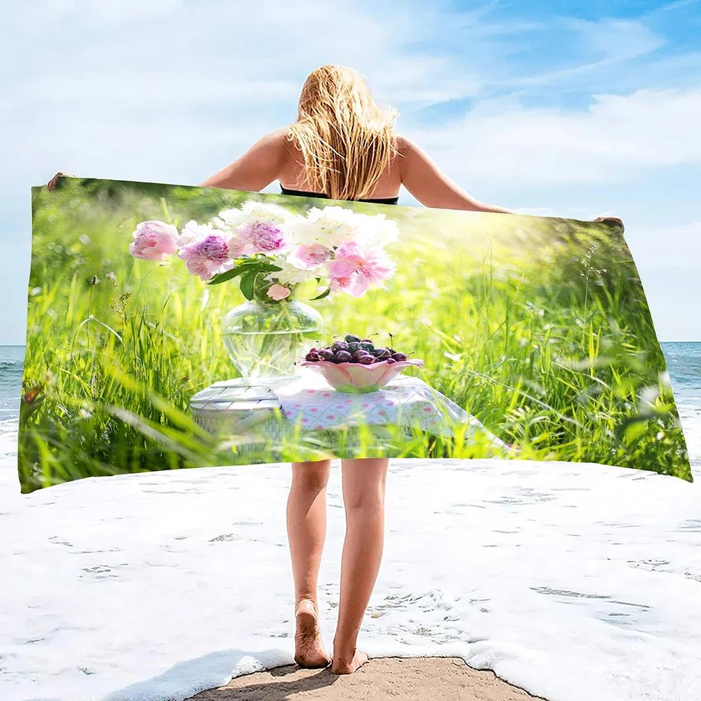 Garden Flower Quick Dry Large Beach Towel, Super Absorbent and Sand Free Pool Towel, Microfiber Portable Sports/Camping Towel
