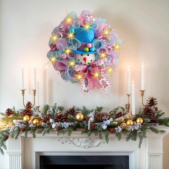 Christmas Snowman Wreath for Front Door Light Up Red/Blue Mesh Ribbon Candy Cane Wreath with Snowman Doll for Winter Home Wall Decor