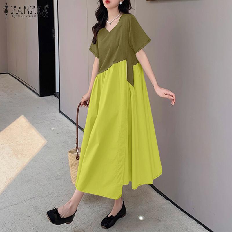 ZANZEA Women Casual Round Neck Loose Short Sleeve Summer Dress