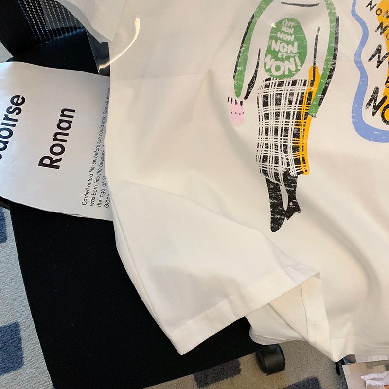 200g pure cotton back bag collar 2025 early spring new portrait printing short-sleeved T-shirt women's summer round neck trendy top