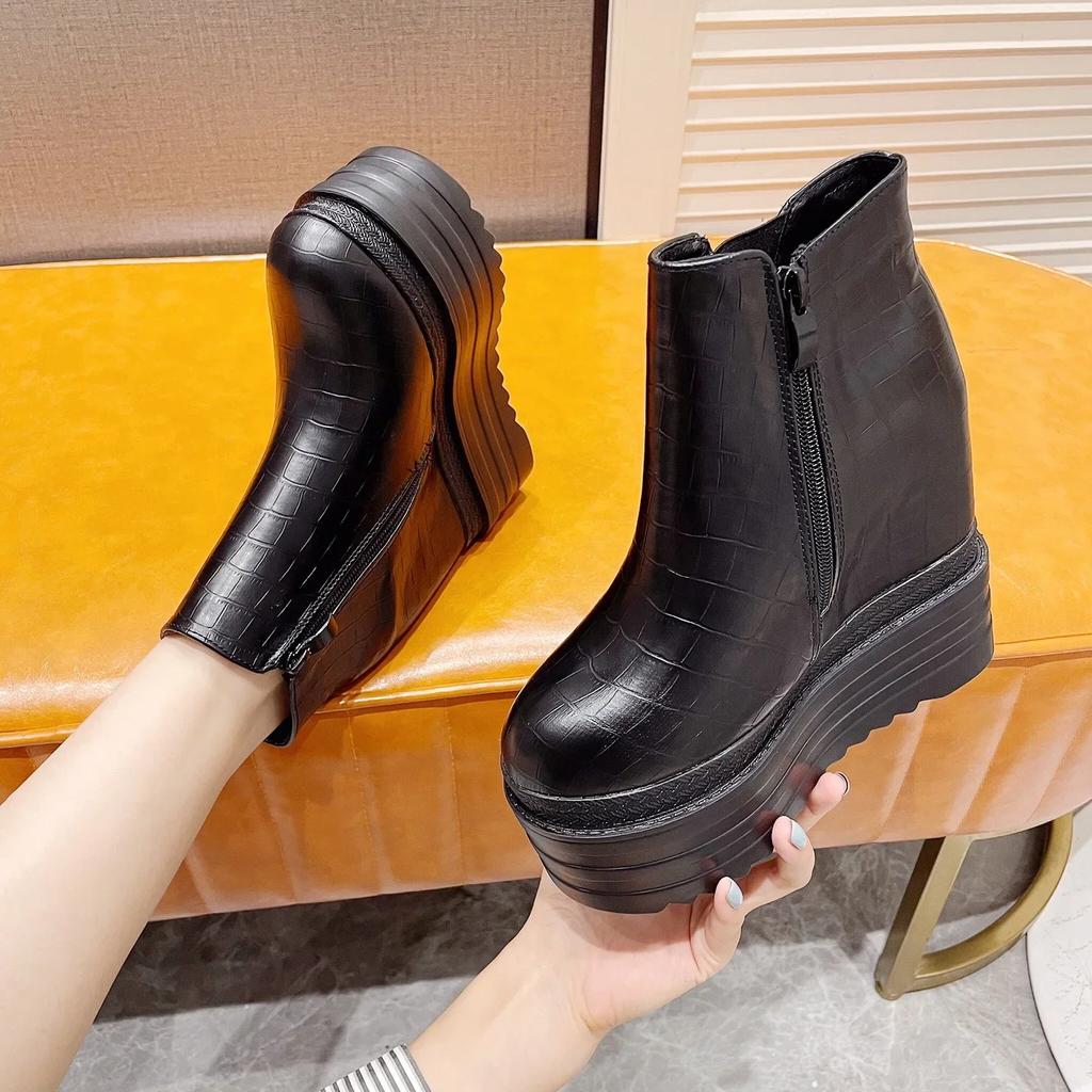 Autumn Womens Ankle Boots Black 14cm Ultra High Heel Zip Platform Bottes Sexy Inner Heigthen Wedges White Black Short Botas