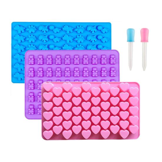 Silicone Gummy Bear Molds Mini Candy Mold for Kids with Droppers Dinosaur Heart Donut Shapes Easy Release Cake Mold