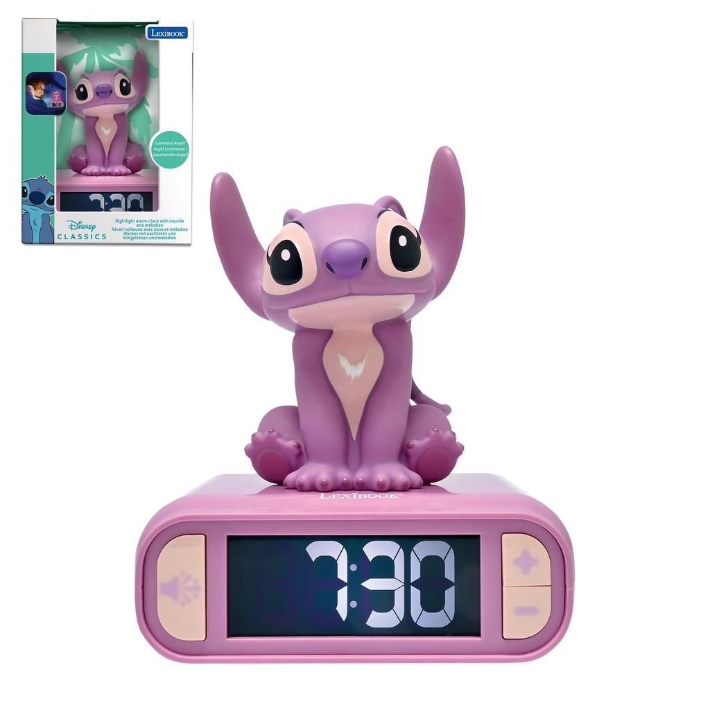 Disney Angel Night Light Alarm Sounds and Backlit LCD Glowing Snooze LEXIBOOK, Stitch, Clock, Melodies, Screen, Light,