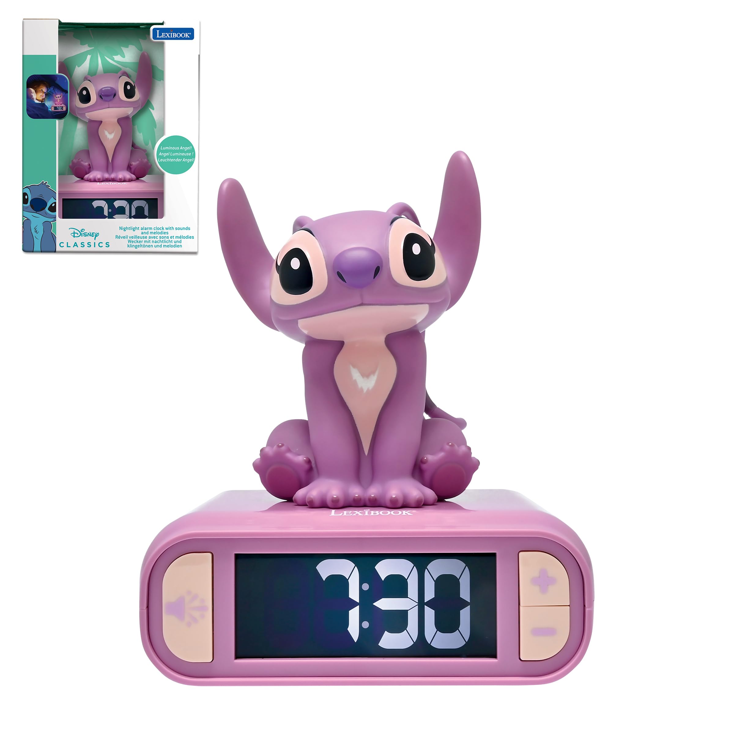 

Disney Angel Night Light Alarm Sounds and Backlit LCD Glowing Snooze LEXIBOOK, Stitch, Clock, Melodies, Screen, Light,