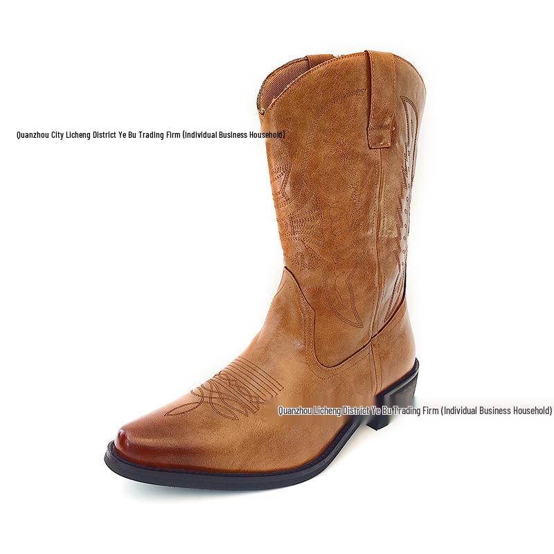 

Men s Retro Western Leather Cowboy Boots, Pointed Toe, Large Size, Wooden Heel, Knight Style. 38