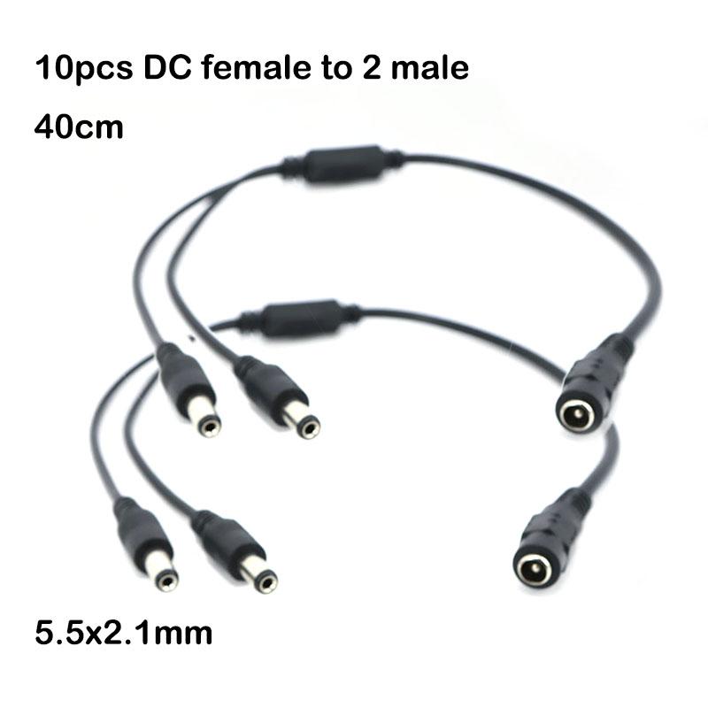 10pcs 0.4M 40cm DC 12v 1 Female to 2 Male Splitter 2 way Plug connector Cable 24awg 2A 5.5mm*2.1mm DC Power Supply jack Adapter