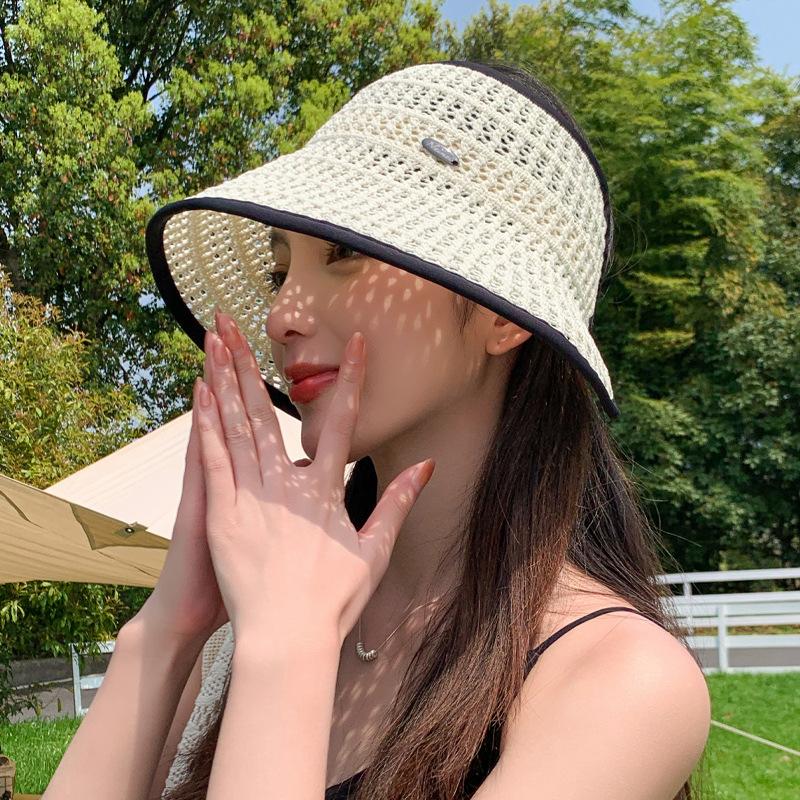 Straw knitted empty top hat Summer sunscreen hat Women's hollow design Straw hat Breathable Portable Foldable
