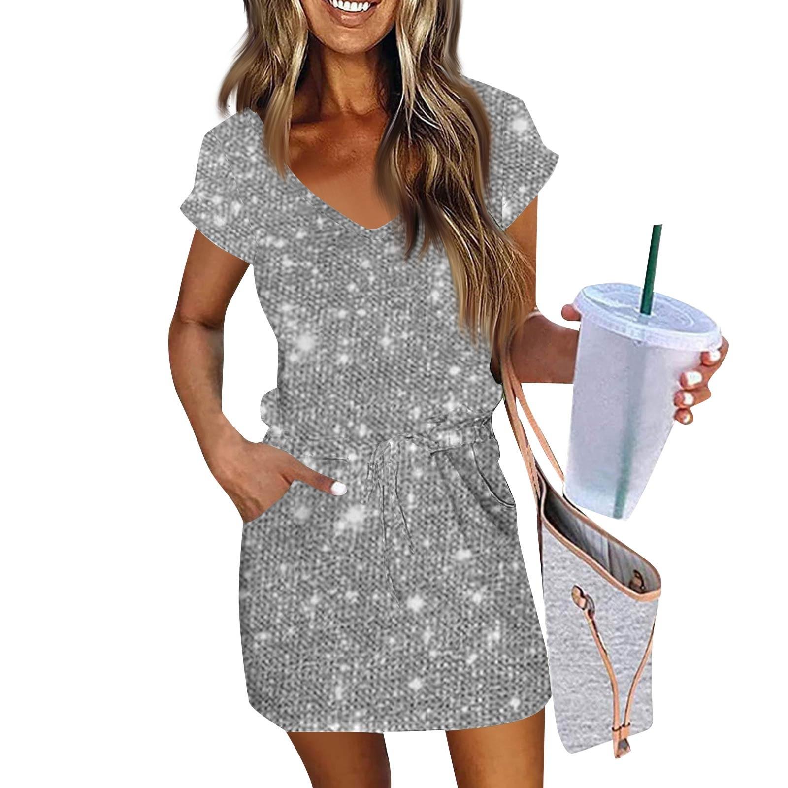 

Women s Fashion Casual V-Neck Short Sleeve Drawstring Sequin Printed Dresses XL срібний