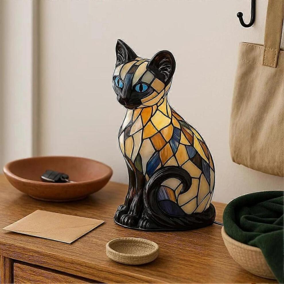 Stained Glass Cat Lamp Cute Cat Resin Night Light LED Bedside Lamp for Bedroom Living Room Decor Home Decoration Gift