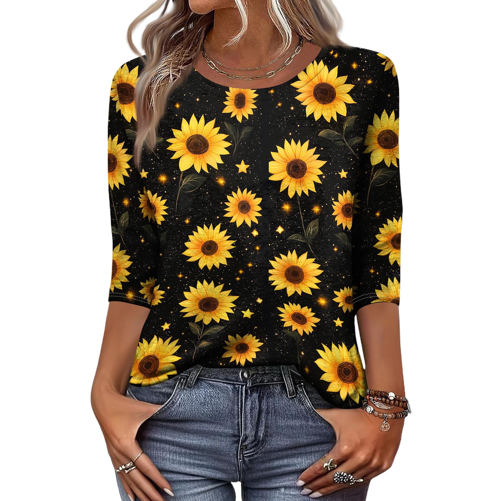 

Women s Fashion Casual Round Neck 3/4 Sleeve Loose Printed T-Shirt Ladies Top XL жовтий