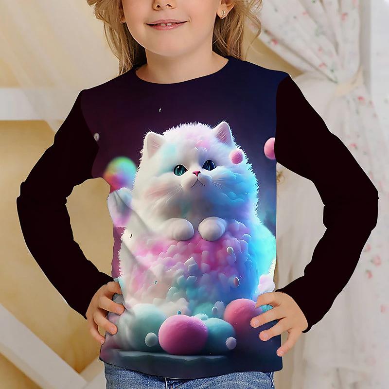 3D Cat Graphic T Shirts Autumn Clothing for Girls O-Neck Streetwear Top Long Sleeve T-Shirt Cartoon Animal Children's T-Shirts