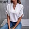 Modne damskie bluzki i koszule na co dzień w jednolitym kolorze z krótkim rękawem i dekoltem w kształcie litery V
