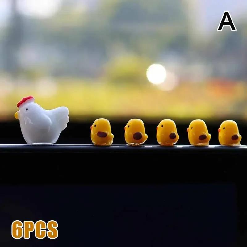 6Pcs Cute Mini Chickens Car Dashboard Accessories Funny Chicks Car Rearview Mirror Decor Interior Ornaments Fairy Garden Home