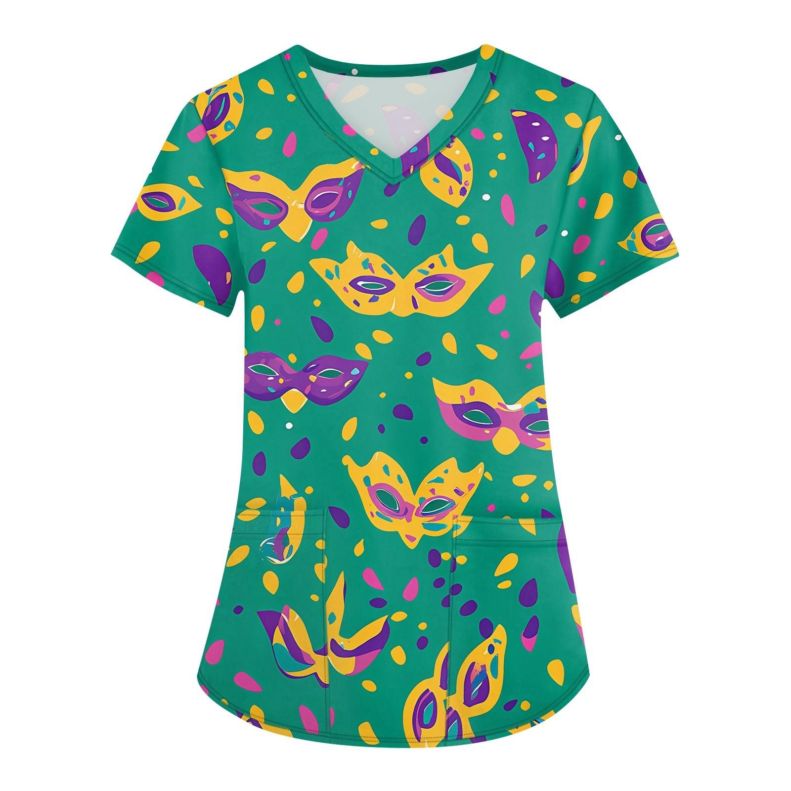 

Женская мода с v-образным вырезом, короткими рукавами и карманами, топы с принтом S циан