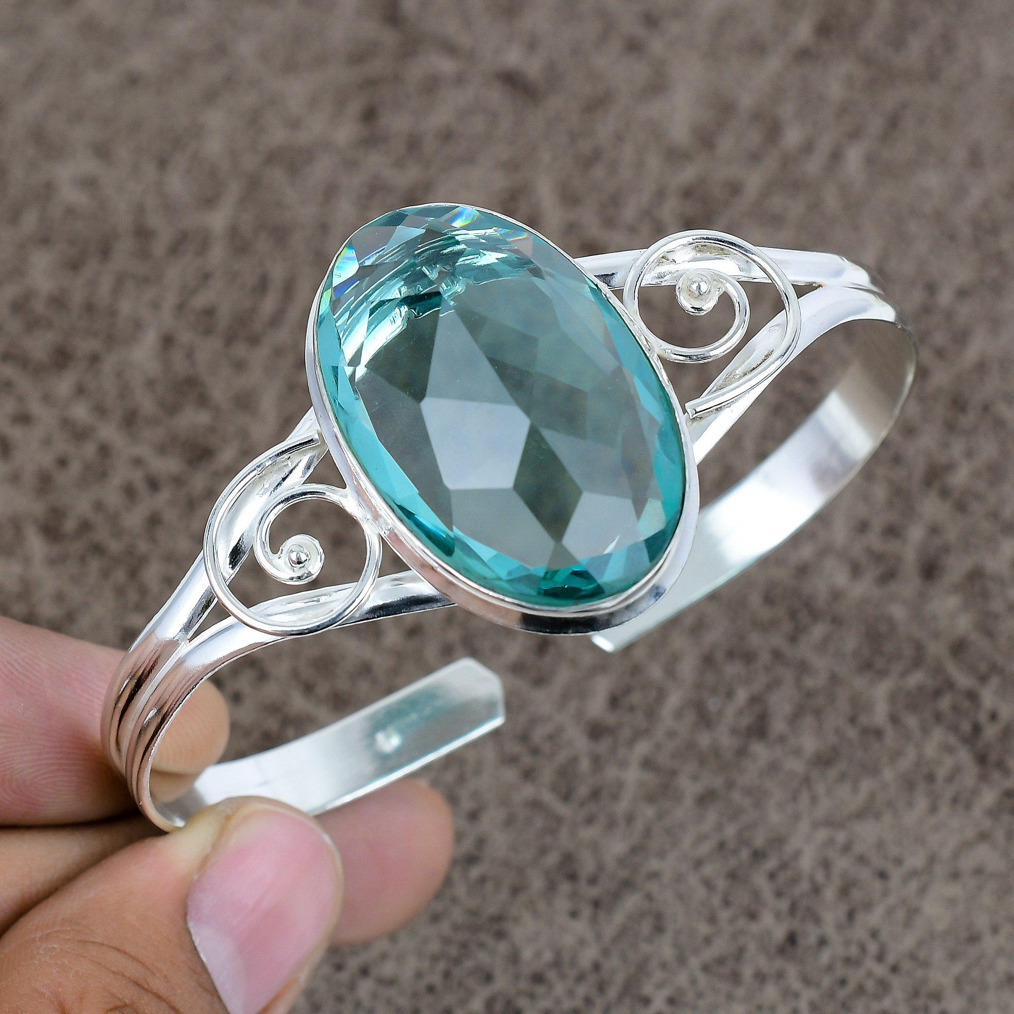 

Green Amethyst Gemstone Handmade 925 Sterling Silver Cuff Bangle Adjustable KKG-241