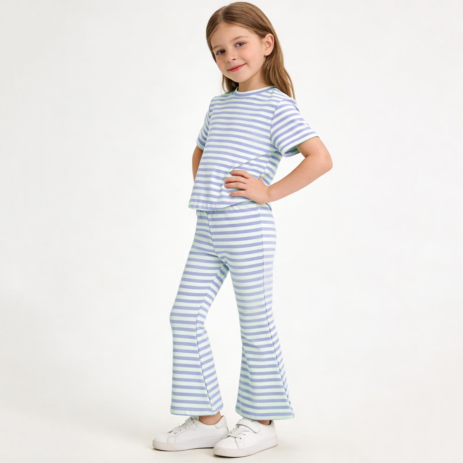 

Детская модная футболка с оборками, круглый вырез, повседневная, с коротким рукавом, комплект из рубашки и брюк 140 синий