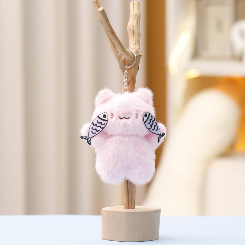 Plush Shy Cat Holding Fish Toy Pendant With Soft Short Pile For Kids And Collectors